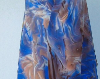 Large crepe de chine silk scarf, 170 x 90 cm, handpainted in brown, blue and gray (L-0702)