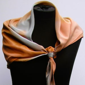 Square scarf (90 x 90 cm) made of softly shiny crepe satin silk, hand-painted in light brown, cognac and light gray (V-0085)