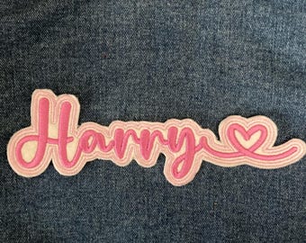 Harry Inspired Embroidered Name Patch – Heart Flourish, Iron-On Badge