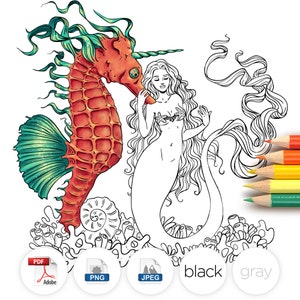 Adult Coloring Page Fantasy Mermaid Seahorse Line Art