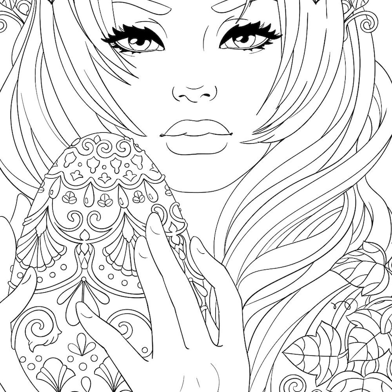 Download Adult Coloring Page Easter Girl Line Art | Etsy