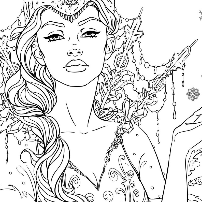 Download Snow Queen Adult Coloring Page Fantasy Line Art | Etsy