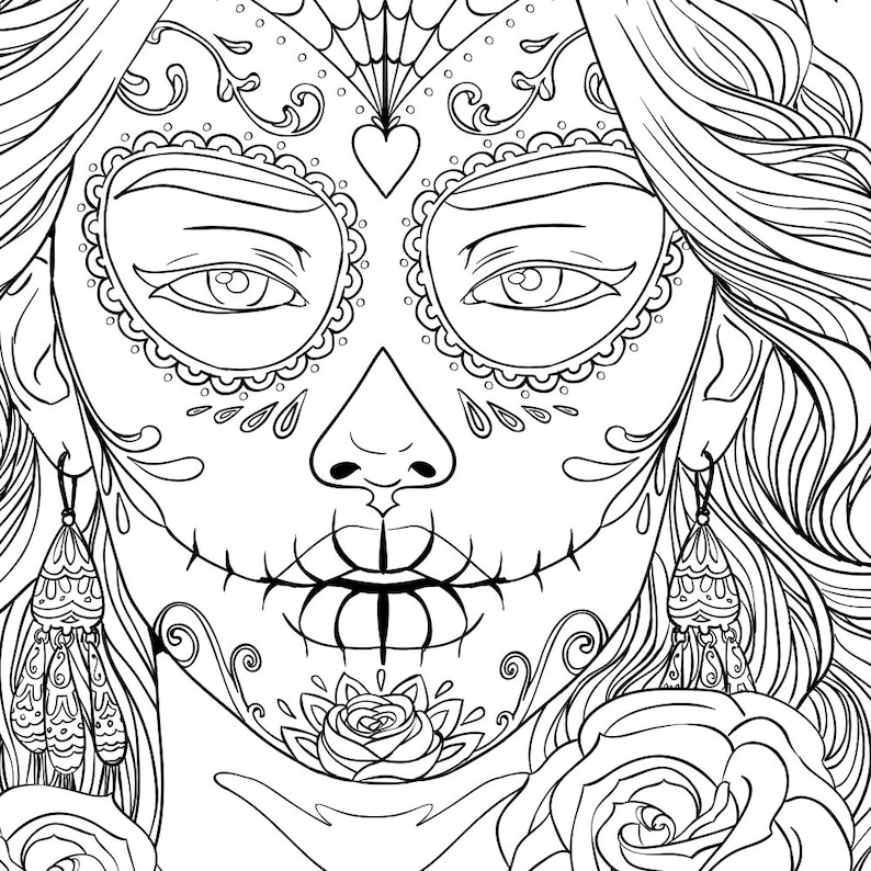 Adult Coloring Page Halloween Day of the dead Line Art | Etsy