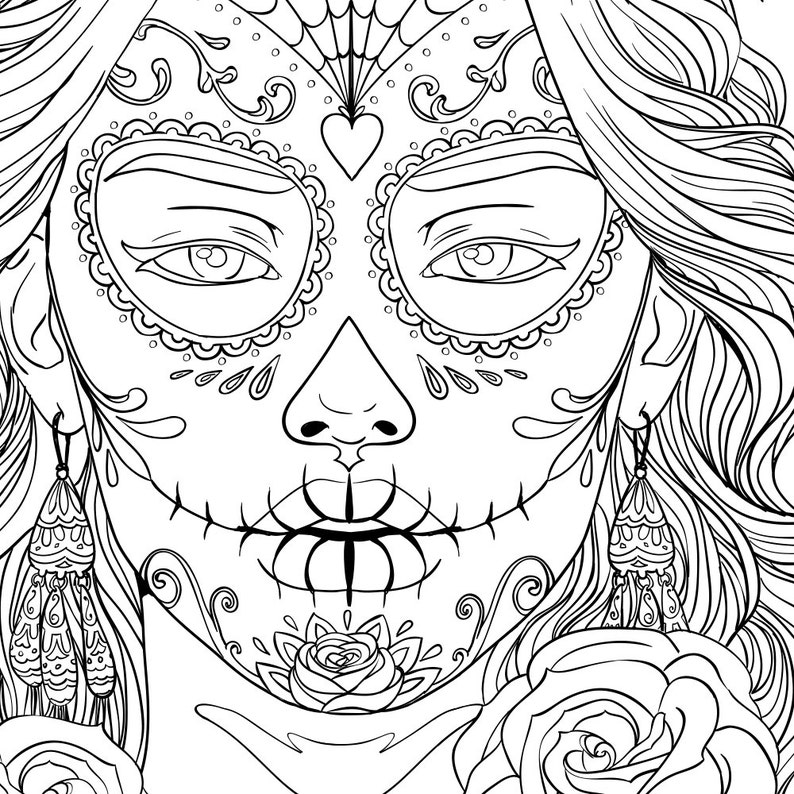 Adult Coloring Page Halloween Day of the dead Line Art | Etsy