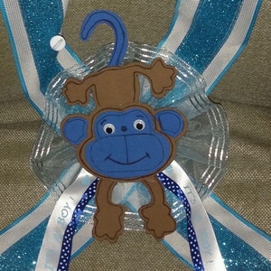MONKEY Baby Shower SASH for the Mom-To-Be, Blue, boy, Pregnant Sash, Ribbon favors, Handmade, Maternity, Mommy ,It&#39;s ready to ship Today