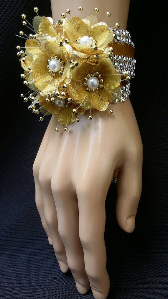 Wedding White Gold Flower Wrist Corsage Prom Military Ball,Boda, Homecoming 