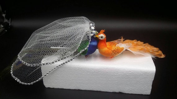 Bride,Party Set of 2,Gift Wedding Cake Topper,Feather Peacock Birds,Handmade 