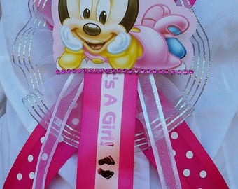Baby Shower Minnie Mouse Mom To Be It's a Girl Sash Pink Ribbon and Corsage 