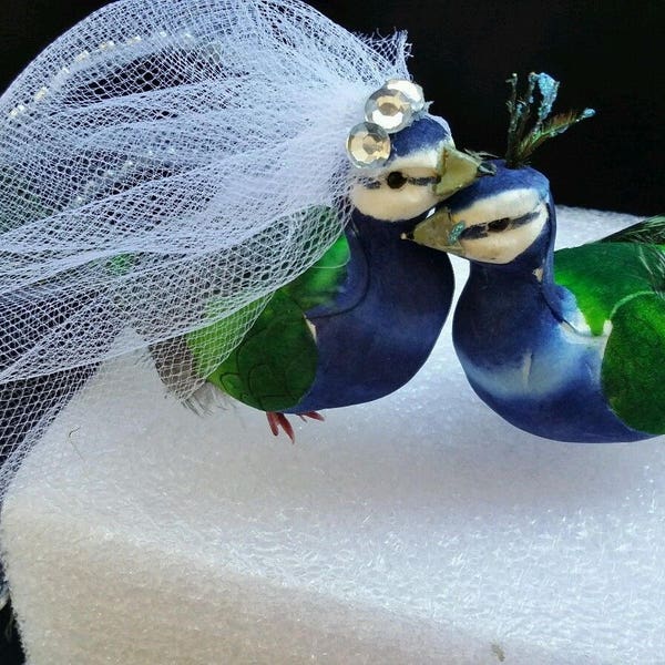 Wedding Cake Topper, Centerpiece, Two Peacock Birds with real Feathers, Bride and Broom, Gift, Boda