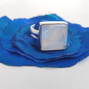 Rainbow moonstone sterling silver ring,925 purity,statement ring,15*15*7mm square cabochon,US ring size 9.5,gift jewelry,party wear ring