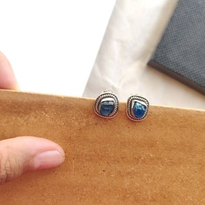 Blue apatite sterling silver stud earrings,925 purity,8mm rough polished gemstone,silver push back,12*12mm size,small earrings,handmade