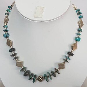 Beautiful Sterling silver necklace with natural tyre shaped turquoise, 92.5 purity, jali cut , bali silver beads and spacers, boho jewellery