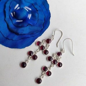 Beautiful delicate Garnet sterling silver earrings,925 purity,silver ear wire,45*15mm size,5mm round stone,semiprecious stone,gift jewelry