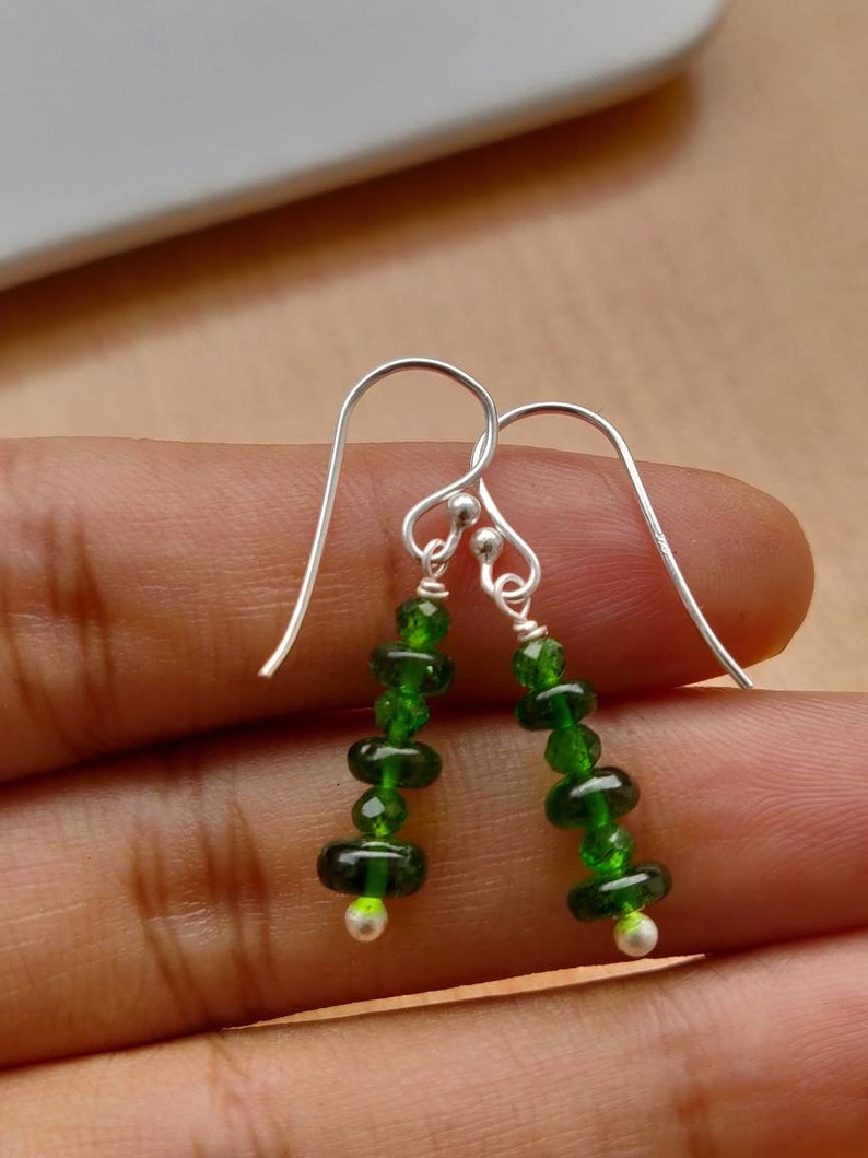 length-20mm 92.5 purity Chrome diopside plain rondelle and round facetted beads in sterling silver earrings silver ear wire,focal jewelry
