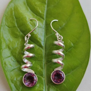 Spiral Amethyst Sterling silver earrings,925 purity,natural gemstone,length-30mm, silver ear wire,9*9*5mm cut stone,healing stone,handmade