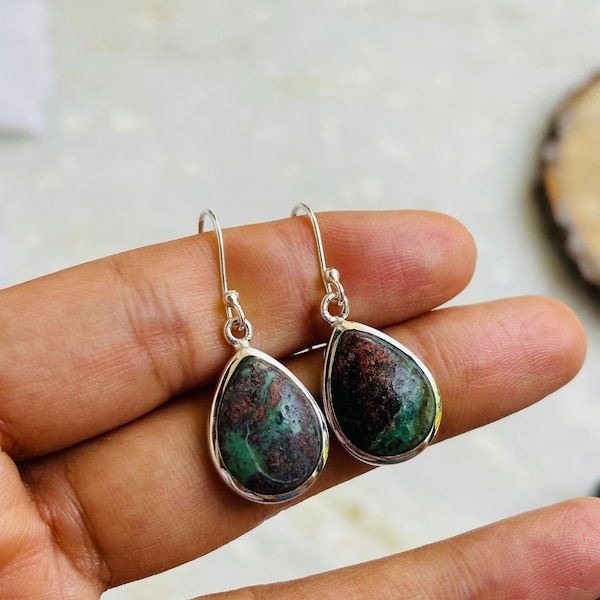 chrysocolla boho earrings,925 Sterling silver,natural gemstone,22*14*5mm size, teardrop cabochon,silver ear wire,gift earrings,gifts for her