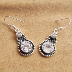 White topaz facetted cut stone in antique polish Sterling silver earrings, 22*12 mm approx size, 92.5 purity, silver ear wire, gift jewelry