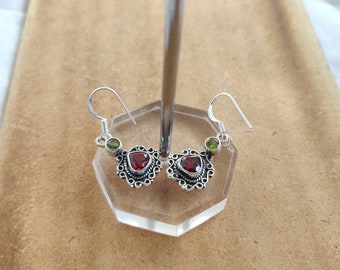 Garnet Facetted cut stone with peridot in antique polish Sterling silver earrings,92.5 purity,silver ear wire,20*13mm size,natural gemstone