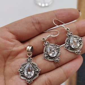 Amethyst and Crystal pendant earrings set,925 Sterling silver,natural cut stone,antique polish,best anniversary gift,bridal shower,mom to be
