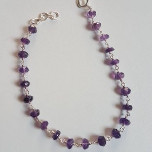 Rosary chain bracelet in sterling silver 92.5 purity , Amethyst beaded bracelet , wire bracelet , gemstone handmade jewellery , Length- 22cm