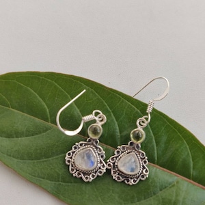 Rainbow moonstone and peridot antique polish Sterling silver earrings,92.5 purity,silver ear wire,20*13mm size,natural semiprecious stone