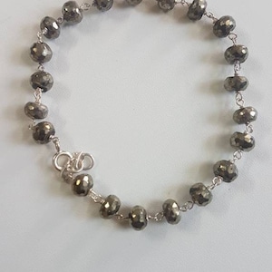 Beautiful natural pyrite beaded bracelet in Sterling Silver , Rosary chain setting with silver spring ring closure, Length- 22cm