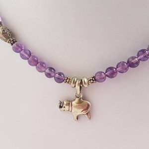 Beautiful elephant pendant, amethyst 5mm plain and fact round beads, silver bali beads and spacers, antique polish designer necklace