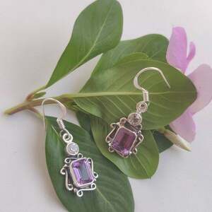 Amethyst and crystal Facetted cut stone sterling silver earrings,92.5 purity,silver ear wire,21*12mm approx size,natural gemstone,gift jewel