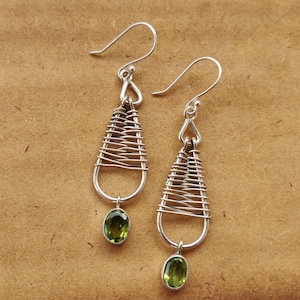 Mesh shaped with oval shaped facetted cut stone peridot studded in Sterling silver earrings,92.5 purity, silver ear wire,45*15mm approx size