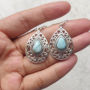 Larimar Jali cut sterling silver earrings,925 purity,natural gemstone,30*20mm size,silver ear wire,12*7*4mm teardrop Cabochon,light weight
