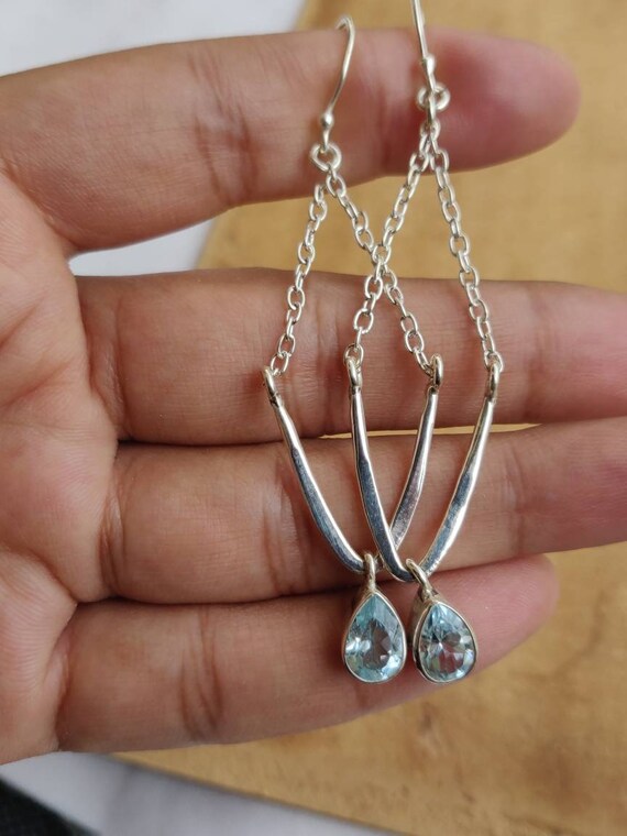 ブルートパーズシャンデリア925イヤリング：60×15mmスターリング