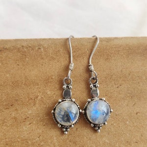 Rainbow moonstone round cabochon studded in beautiful sterling silver earrings,925 purity,silver ear wire,29*13*7mm size,natural gemstone