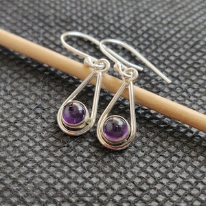 Amethyst sterling silver earrings,925 purity,silver ear wire,18*8mm size,natural gemstone,5mm round Cabochon,light weight,gift jewelry