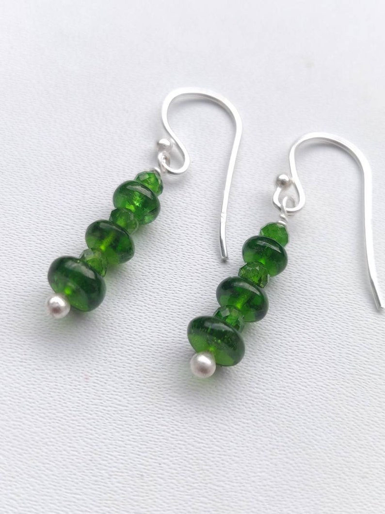 length-20mm 92.5 purity Chrome diopside plain rondelle and round facetted beads in sterling silver earrings silver ear wire,focal jewelry