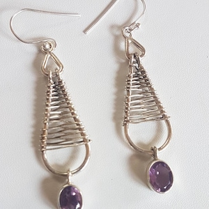 Natural Amethyst Sterling silver 92.5 purity earrings, mesh wired beautiful design , approx size - 5×1 cm