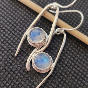 Rainbow moonstone Sterling silver earrings,925 purity,35*15mm size,silver ear wire,8*8*6mm round Cabochon,natural gemstone,gift jewelry