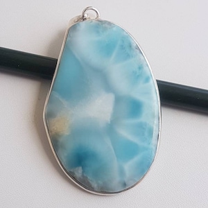 Beautiful fancy shaped Sterling silver Pendant with Larimar cabochon, 55×35mm size approx, natural stone, gift jewellery, 92.5 purity