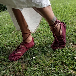 Greek sandals gladiator sandals Maroon Suede Moccasins: Saxon Inspired Summer shoes