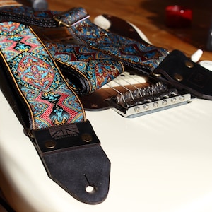 The Limited Edition Kashmir Air Guitar Strap, Woven, Thick Leather Ends, Personalisation, Custom Engraving and Logo Options image 3