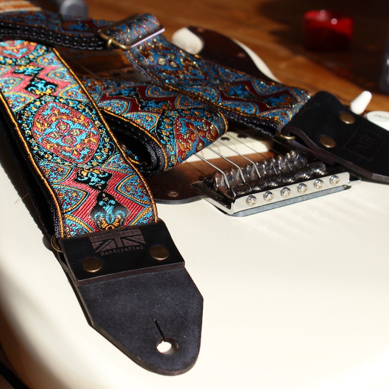 The Limited Edition Kashmir Air Guitar Strap, Woven, Thick Leather Ends, Personalisation, Custom Engraving and Logo Options image 3