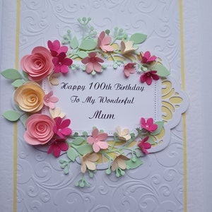 Handmade Personalised 40th,50th,60th,80th,100th Birthday Card Mum,Sister,Auntie,Mom,Daughter Pink and Yellow flowers