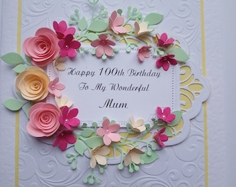 Handmade Personalised 40th,50th,60th,80th,100th Birthday Card Mum,Sister,Auntie,Mom,Daughter Pink and Yellow flowers