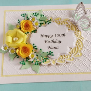 Personalised Handmade Birthday/ Anniversary/Wedding Card.  Yellow Roses, White Daisies and Butterfly,Mom,Mum,Nan,Sister,Daughter,Auntie