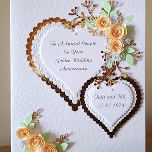Personalised Handmade Wedding / 50th Anniversary Card Gold Hearts and Cream flowers with White quilled Roses