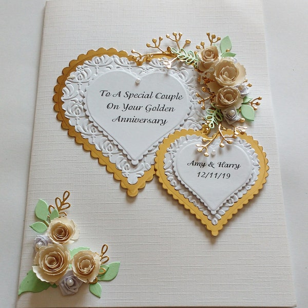 Personalised Handmade Wedding / Anniversary Card Gold Hearts and Cream flowers with White quilled Roses