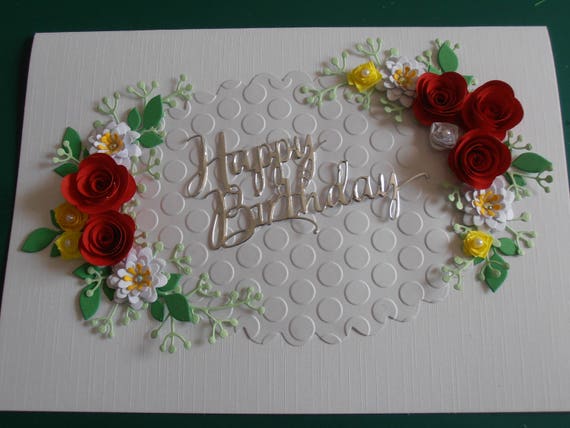 Personalised Handmade Luxury Birthday//AnniversaryCard.Quilled Roses multi colour