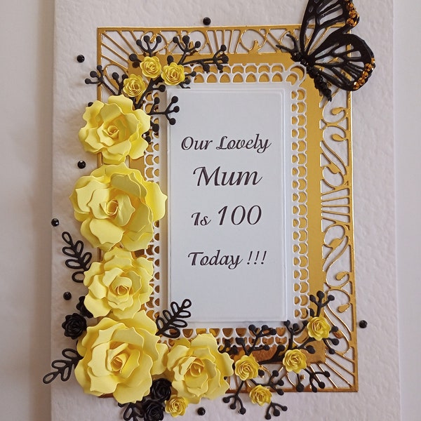 Handmade Personalised Birthday Card, 100th80th60th40th Mum,Mom,Aunt, Sister, Daughter, Friend,Red or Yellow Roses with Butterfly