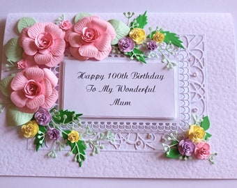 Handmade Personalised Keepsake Birthday Card , 60th.80th.100th Mum Nan Sister Dear Friend with Blue or Pink  Roses