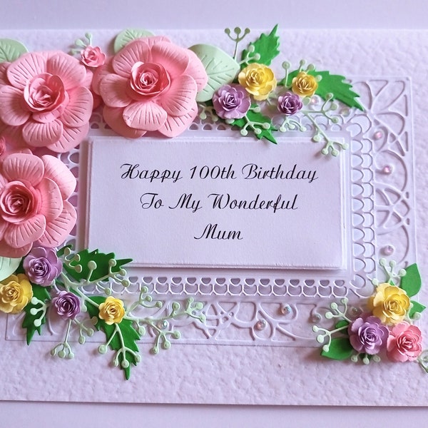 Handmade Personalised Keepsake Birthday Card , 60th.80th.100th Mum Nan Sister Dear Friend with Blue or Pink  Roses