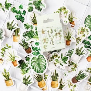 Peut inclure: Une feuille d'autocollants illustrant des plantes en pot à l'aquarelle. Les autocollants sont sur un fond blanc et comprennent différents types de plantes, notamment des fougères, des succulentes et des feuilles de monstera. Les autocollants sont emballés dans une petite boîte avec le texte "手繪生活" en caractères chinois.